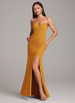 Azazie Yola Bridesmaid Dresses Butterscotch Sheath Pleated Chiffon Convertible Dress image4