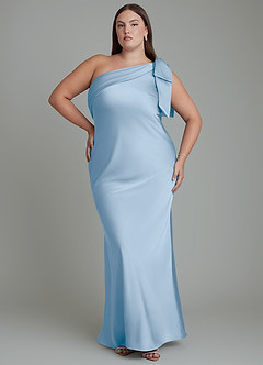 Azazie Yuanna Vestidos de damas de honor Vestido Azul Pálido de Satén Elástico de Corte Sirena con Un hombro image8