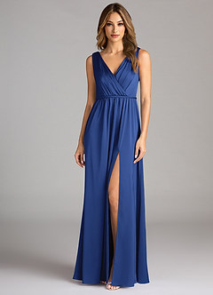Azazie Tanicia Bridesmaid Dresses Royal Blue A-Line Pleated Stretch Satin Dress image3