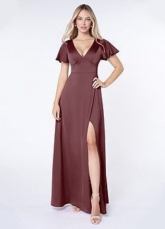 Azazie Lani Bridesmaid Dresses Sangria A-Line Flounce Sleeve Stretch Satin Dress image1