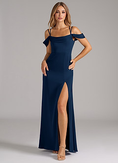 Azazie Callan Bridesmaid Dresses Dark Navy A-Line Pleated Stretch Satin Convertible Dress image3
