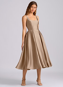 Azazie Amalie Bridesmaid Dresses Taupe A-Line Pleated Stretch Satin Dress image1