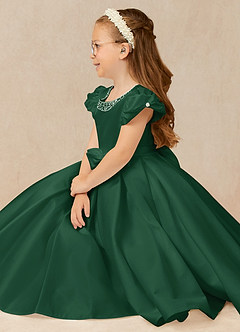 Azazie Jewel Flower Girl Dresses Dark Green Ball-Gown Pleated Matte Satin Dress image3