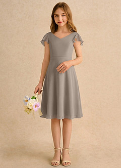 Azazie Narin Girls Formal vestidos de niña de las flores Vestido de Gris Pardo de Gasa de Corte en A con Con mangas image3