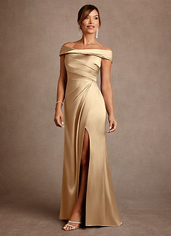 Azazie Bedford Mother of the Bride Dresses Champagne Sheath Pleated Stretch Satin Dress image2