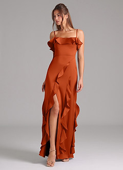 Azazie Malia Robes de demoiselle d'honneur Robe Trapèze en Satin extensible Fente Latérale Orange Brûlée image1
