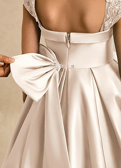 Azazie Genie Flower Girl Dresses White Alabaster Ball-Gown Off the Shoulder Matte Satin Dress image5