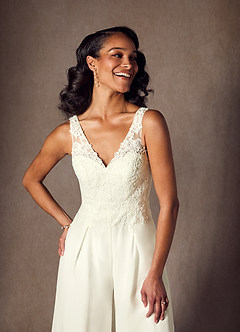Azazie Florine Wedding Dresses Cream Pant Styles V-Neck Lace Chiffon Dress image6