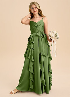 Azazie Peyton Junior Robe Trapèze en Satin extensible Plissée Genévrier image3