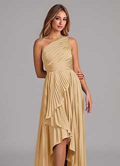 Azazie Lyrica 신부 들러리 드레스 A라인 한쪽 어깨 스트레치 새틴 비대칭 드레스 image7