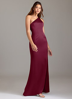 Azazie Arleth Robes de demoiselle d'honneur Robe Trapèze en Satin extensible Ue épaule Mûre image4
