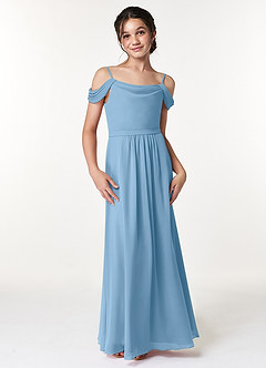 Azazie Alivia Junior Steel Blue A-Line Off the Shoulder Chiffon Dress image4