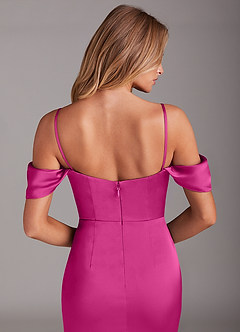Azazie Saige Bridesmaid Dresses Fuchsia Sheath Off the Shoulder Stretch Satin Dress image8