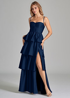 Azazie Faye Vestidos de damas de honor Vestido de Azul Marino Oscuro de Satén Elástico de Corte en A con Volante image8