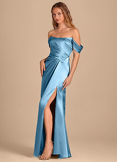 Azazie Shea Vestidos de damas de honor Vestido de Azul Acero de Satén Metálico de Corte Sirena Convertible con Vestidos sin tirantes image3