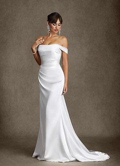 Azazie Darlene Wedding Dresses Diamond White Mermaid Off the Shoulder Metallic Satin Dress image6