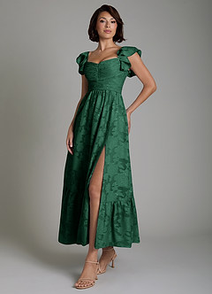 Azazie Anaya Bridesmaid Dresses Dark Green A-Line Ruched Floral Burnout Dress image5