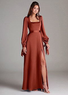 Azazie Leonia Abiti da Damigella Abito A-Line in Raso Elasticizzato Manica Lunga Terracotta image3