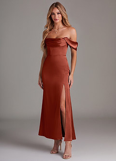 Azazie Saige Bridesmaid Dresses Terracotta Mermaid Off the Shoulder Stretch Satin Dress image1