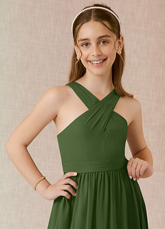 Azazie Jiya Junior Olive A-Line Pleated Chiffon Dress image4