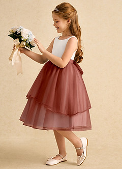 Azazie Rene Blumenmädchenkleider A-Linie Schleifen Tüll Kleid Elfenbein Kastanienbraun image5