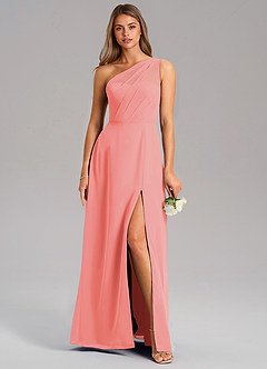 Azazie Phaedra Bridesmaid Dresses Coral A-Line One Shoulder Chiffon Dress image1