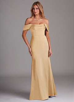 Azazie Saige Jurken voor bruidsmeisjes Jurk van Stretch Satijn met Kolom Off the Shoulder Goud image4