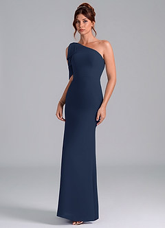 Azazie Rinna Vestidos de damas de honor Vestido de Azul Marino Oscuro de Gasa de Corte Sirena con Hombro unilateral image3