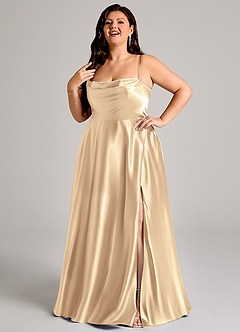 Azazie Elle Bridesmaid Dresses Gold A-Line with Pockets Metallic Satin Dress image9