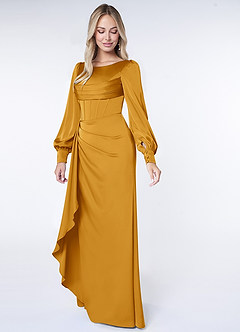 Azazie Raye Robes de demoiselle d'honneur Robe Sirène en Satin extensible Manche longue Caramel écossais image3