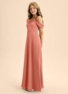 Azazie Anselie Junior Salmon Pink A-Line Off the Shoulder Stretch Satin Dress image6