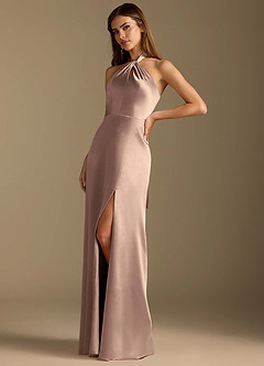 Azazie Tracie Final Sale Taupe A-Line Pleated Metallic Satin Dress image4