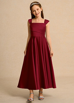 Azazie Bundle Girls Formal Flower Girl Dresses Burgundy A-Line Pleated Matte Satin Dress image1