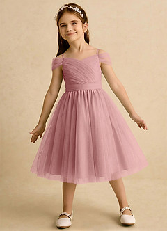 Azazie Lila Girls Formal Robe Demoiselle D'honneur Fillette Robe Trapèze en Tulle Épaules dénudées Rose Poussiéreuse image3
