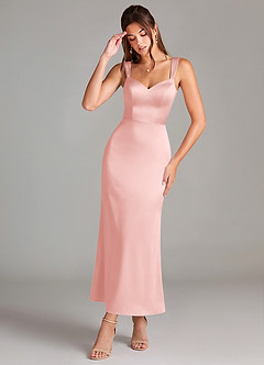 Azazie Denice Bridesmaid Dresses Powder Pink Sheath Pleated Stretch Satin Dress image1