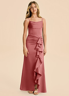 Azazie Rosalia Junior Vestido de Rosa Antigua de Satén Elástico de Corte Recto con Plisado image6