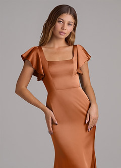 Azazie Elkie Jurken voor bruidsmeisjes Jurk van Stretch Satijn met Zeemeermin Vierkante halslijn Koper image6