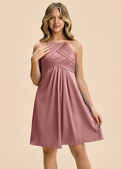 Azazie Ginny Junior Vestido Rosa Polvorienta de Satén Elástico de Corte en A con Plisado image6