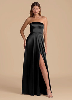 Azazie Wren Vestidos de damas de honor Vestido de Negro de Satén Metálico de Corte en A con Sin tirantes image4