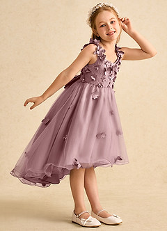 Azazie Tweety Robe Demoiselle D'honneur Fillette Robe Trapèze en Tulle Dentelle Rose Poussiéreuse image5
