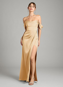 Azazie Johana Bridesmaid Dresses Gold Mermaid Off the Shoulder Stretch Satin Convertible Dress image6