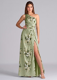Azazie Brooke Vestidos de damas de honor Vestido de Enredaderas Florales de Satén Elástico de Corte en A con Hombro unilateral image4