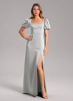 Azazie Fyona Bridesmaid Dresses Silver A-Line Pleated Stretch Satin Dress image7