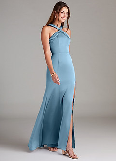Azazie Rue Bridesmaid Dresses Steel Blue A-Line Pleated Stretch Satin Dress image4