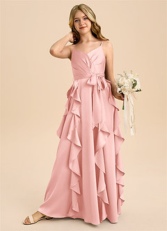Azazie Peyton Junior Powder Pink A-Line Pleated Stretch Satin Dress image2
