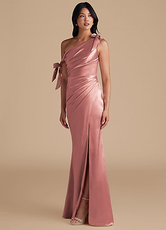 Azazie Xyla Bridesmaid Dresses Dusty Rose Sheath Off the Shoulder Metallic Satin Convertible Dress image6
