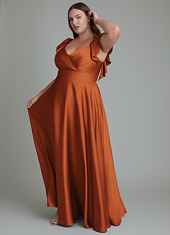 Azazie Leilani Bridesmaid Dresses Cinnamon A-Line Ruched Stretch Satin Dress image14