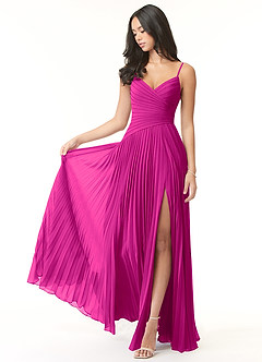 Azazie Vini Vestidos de damas de honor Vestido de Fucsia de Gasa de Corte en A con Cuello en V Plisado image1