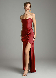 Azazie Leonis Bridesmaid Dresses Pomegranate Mermaid Pleated Stretch Satin Convertible Dress image1