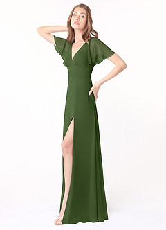 Azazie Kimber Bridesmaid Dresses Olive A-Line Flounce Sleeve Chiffon Dress image3